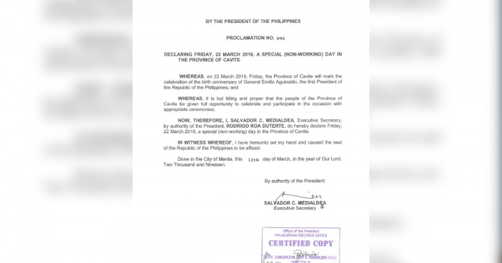 Palace Declares March Non Working Holiday In Cavite Philippine