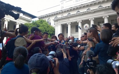 <p>Former Senator Ferdinand 'Bongbong' Marcos Jr., speaks to reporters in a press conference at the Supreme Court compound in Manila on Monday (April 2, 2018). </p>