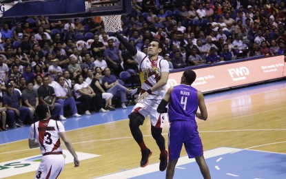 <p>San Miguel Beermen's Junemar Fajardo takes an easy layup during Game 4 of the finals match with Magnolia Hotshots at the Smart Araneta Coliseum in Quezon City on Wednesday night (April 4, 2018. <em>(Photo courtesy of PBA Media Bureau)</em></p>