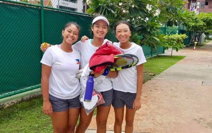 <p><strong>JUNIOR TENNISTERS.</strong> The Philippines finished fifth overall in the World Juniors Tennis Girls Asia/Oceania Final Qualifying tournament which concluded on Saturday in Nonthaburi, Thailand. The team is composed of (L-R) Julia Asaliah Ignacio, Alexandra Eala and Ma. Carmencita Carlos. (<em>Photo courtesy of Michael Francis Eala)</em></p>