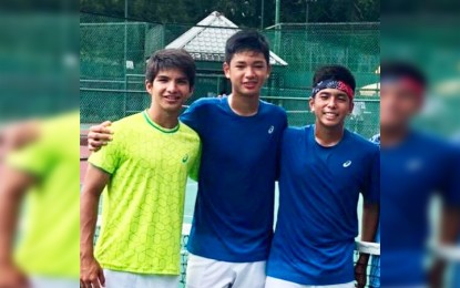 <p>The members of the Philippine Junior Davis Cup team. (L-R) Matthew Anton Garcia, Michael Francis Eala II and Jose Antonio Tria. <em>(Photo by Michael Francis Eala)</em></p>