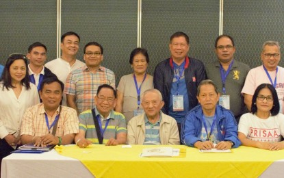 <p>The Private Schools Athletic Association Sports Foundation, Inc. (PRISAA) National Board of Trustees and officers led by (seated from left) Executive Director Elbert Atilano Sr., Region 2 president Victor Perez, Chairman Emmanuel Angeles, National president Rev. Fr. Vicente Uy, SVD, and Region 4-A president Dr. Fe Rabanal-Medina pose after the press conference held at the Metro Center Hotel and Convention Center on April 21. <em>(Photo courtesy: Elbert Atilano Jr./PRISAA)</em></p>