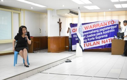 <p><strong>RESIGNATION NOT AN OPTION. </strong>Chief Justice-on leave Maria Lourdes Sereno reiterates that she will not step down from her post in a forum in Manila on Tuesday (May 8, 2018) <em>(Photo by Red Andador, OJT)</em></p>