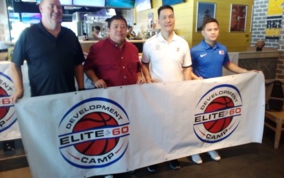 <p>Elite 60 Development Camp directors Rob Beveridge, left, and Eric Altamirano, second from right, pose together with SBP deputy director and Gilas Pilipinas team manager Butch Antonio, second from left, and Gilas and Batang Gilas assistant coach Josh Reyes, right, during the press launch of the second Elite 60 Development Camp at the Buffalo Wild Wings restaurant in Pasig City. <em>(Photo by Ivan Saldajeno)</em></p>