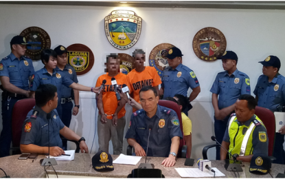 <p>ARREST. Police Regional Office (PRO4A)-Calabarzon Director, Chief Supt. Guillermo Lorenzo T. Eleazar (center), presents the two arrested suspects in the murder of Sariaya Councilor Aristeo Manalo Ilao during a media conference at the police camp’s regional headquarters in Camp Gen. Vicente Lim, Calamba City on Friday (May 11) (Photo courtesy of PRO4A)</p>
