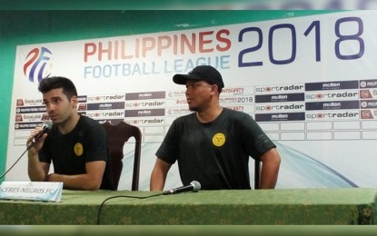 <p><strong>BACK ON TOP.</strong> Ceres-Negros assistant coach Ronald Ian Treyes (right) and Bienvenido Marañon during the post-match interview Wednesday night  (May 23, 2018) at Panaad Stadium in Bacolod City. Ceres-Negros regained the top spot in the Philippines Football League  rankings after dominating Davao Aguilas, 3-0 at the Panaad Stadium in Bacolod City.  <em>(Photo by Nanette L. Guadalquiver)</em></p>