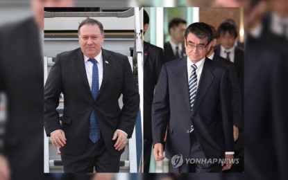 <p>US Secretary of State Mike Pompeo (L) and Japan's Foreign Minister Taro Kono arrive in South Korea on June 13, 2018, in these photos taken by the joint press corps. <em>(Photo courtesy of Yonhap)</em></p>