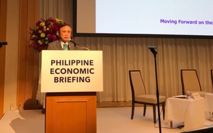 <p>Socioeconomic Planning Secretary Ernesto Pernia delivers a speech during the Philippine Economic Briefing in Tokyo, Japan on June 19, 2018. The event was attended by about 600 investors, Japanese government high-ranking officials and the Philippines' top officials. <em>(Photo by Sec. Martin Andanar)</em></p>