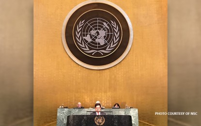 <p>National security adviser, Secretary Hermogenes C. Esperon Jr., addresses heads of Counter-Terrorism Agencies of United Nations Member States at the UN Headquarters in New York City on Friday (June 29, 2018). <em>(Photo courtesy of NSC)</em></p>