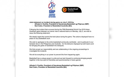 <p>STATEMENT OF APOLOGY. The Samahang Basketbol ng Pilipinas and Basketball Australia issued a joint statement to express apologies over the brawl between Gilas Pilipinas and Australia during a FIBA game Monday evening, July 2. <em>(From Samahang Basketbol ng Pilipinas' Twitter account)</em></p>
