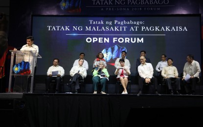 <p><strong>PARTNERS FOR CHANGE.</strong> Some of President Rodrigo R. Duterte's Cabinet officials join the pre-State of the Nation Address (SONA) 2018 Forum at the Philippine International Convention Center on Wednesday, July 11. <em>(PNA photo)</em></p>