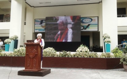 <p>Education Secretary Leonor Briones delivers her speech during the launching of the "Oplan Kalusugan" sa DepEd program at Pembo Elementary School in Makati City. (<em>PNA photo by Lyda Gail Suyu)</em></p>