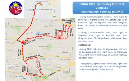 <p>TRAFFIC REROUTING ON SONA DAY. The Metropolitan Manila Development Authority releases its traffic rerouting scheme on Monday, July 23, when President Rodrigo R. Duterte delivers his third State of the Nation Address at the Batasang Pambansa Complex in Quezon City. <em>(Illustration courtesy of MMDA) </em></p>