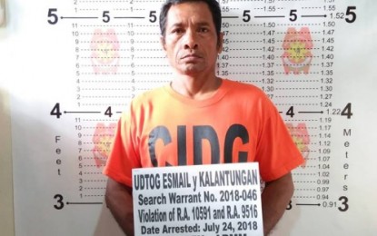 <p><strong>ARRESTED.</strong> Mug shot of arrested suspect Udtog Esmael for violation of Republic Act 10591 (Comprehensive Law on Firearms and Ammunition) and Republic Act 9156 (Illegal Possession of Explosives) in Parang, Maguindanao. The suspect was arrested Tuesday (July 24, 2018) by agents of the Criminal Investigation and Detection Group – Autonomous Region in Muslim Mindanao through a search warrant issued by a regional court. <em><strong>(Photo courtesy of CIDG-ARMM)</strong></em></p>