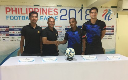 <p style="text-align: left;">Stallion Laguna assistant coach Richard Leyble and Davao Aguilas head coach Mel Anzures shake hands ahead of their PFL battle at the Biñan Football Stadium in Biñan, Laguna on Saturday (July 28). <em>(Photo courtesy of Art Enriquez/Stallion Laguna FC)</em></p>