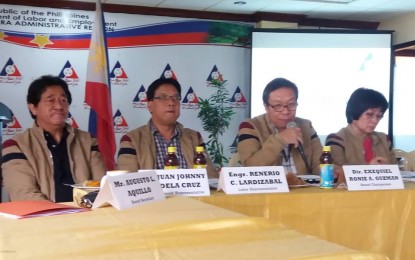<p><strong>WAGE INCREASE.</strong> Members of the Cordillera Regional Tripartite Wages and Productivity Board (RTWPB) discuss Wage Order 19, which increases the minimum wage in the region by PHP20 and PHP30, in a press briefing on Wednesday (Aug. 1, 2018). Seated are (from left) management representative Juan Johnny dela Cruz, labor sector representative Renerico Lardizabal, RTWPB chairman and DOLE Regional Director Exequiel Roni Guzman, and RTWPB co-chair and Department of Trade and Industry Regional Director Myrna Pablo. <em>(Photo by Liza T. Agoot)</em></p>