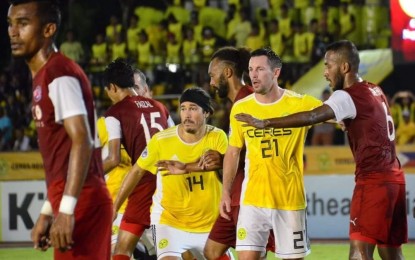 <p>Ceres Negros striker Blake Powell (2<sup>nd</sup> from right) and defender Carlos de Murga during a match against Home United for the first leg of the AFC Cup 2018 ASEAN Zonal Finals at the Panaad Stadium in Bacolod City on Wednesday night (August 1, 2018).<em> (Photo courtesy of Merlinda A. Pedrosa)</em></p>
<p><em> </em></p>