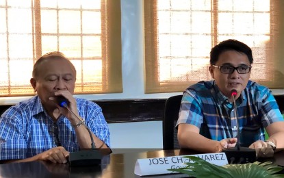<p><strong>FROM LEFT:</strong> Palawan Governor Jose Alvarez and Provincial Legal Office chief and Peace and Order Council member Atty. Teodoro Jose Matta during a press conference on August 4, announcing the downgrading of the heightened alert against the ASG. <em>(Photo by CARF)</em></p>