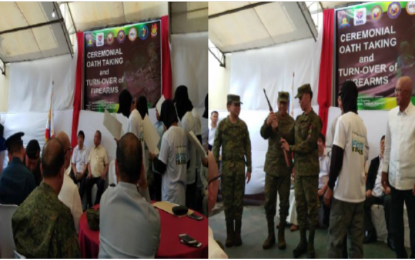 <p><strong>RETURNING REBELS</strong>. A total of 13 New People's Army (NPA) members took their “oath of allegiance” before Department of the Interior and Local Government Secretary Eduardo M. Año (left photo). The rebel returnees turned over their firearms to top military commanders witnessed by Department of National Defense Secretary Delfin Lorenzana (right photo) in a formal ceremony held at the Office of the Presidential Adviser for Southern Tagalog in Tanauan City on Aug. 14, 2018. <em>(Photo courtesy of 2ID-PAO)</em></p>