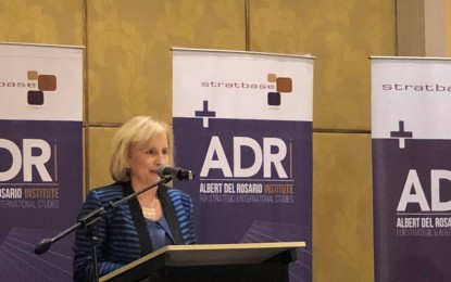 <p>Australian Ambassador Amanda Gorely speaks at the forum organized by Stratbase ADR Institute in Taguig City. <em>(Photo courtesy of British Embassy in Manila)</em></p>