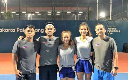 <p><strong>HOPEFUL.</strong> Francis Casey Alcantara (second from left) and Filipino-German Katharina Lenhert (second from right) will be up against the formidable Sanchai Ratiwatana and Nicha Lertpitaksinchai in the second round of the mixed doubles event in the 18th Asian Games tennis competitions at the Jakabaring Sports City in South Sumatra, Indonesia on Tuesday (August 21, 2018). <em>(Contributed photo)</em></p>