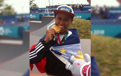 <p><strong>GOLD WINNER.</strong> Margielyn Didal topped the women's street event in the 18th Asian Games skateboarding competition at the Jakabaring Sports City Skateboard Stadium in Palembang City on Wednesday. <em>(Photo by Aaron Bayato/Radyo Pilipinas2)</em></p>