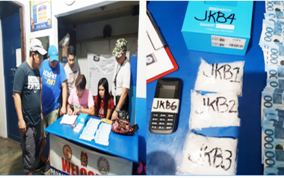 <p><strong>LADY DRUG SUSPECT</strong>. Illegal drug suspect Norhaya Mamakal Mamantal (2nd from right, left photo) and the confiscated 150 grams of suspected “shabu” worth PHP 1.03 M, marked money and the mobile phone, among other evidence, are presented at the Batangas City police station, following her arrest in a buy-bust operation early Thursday morning (Aug. 30, 2018). <em>(Photo courtesy of Batangas City PNP)</em></p>