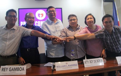 <p><strong>PARTNERSHIP.</strong> Philippine Sports Commission Chairman William "Butch" Ramirez (third from left) with officials from the PSC and the Philippine Collegiate Campions League during a press conference at the Rizal Memorial Sports Complex on Wednesday (Sept. 5, 2018). <em>(PNA photo by Jess Escaros)</em></p>