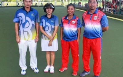 <p><strong>FINALISTS.</strong> The Philippines won the silver medal in the mixed pair event at the Asian Lawn Bowls Team Championships in Terengganu, Malaysia last month. (L-R) Gold medalists Chaitai Kanchanakaphan and Songsin Tsao of Thailand, and silver medalists Ronalyn Greenlees and Hommer Mercado. <em>(Contributed photo)</em></p>