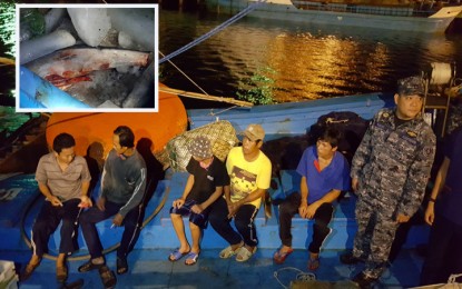 <p style="text-align: left;"><strong>VIETNAMESE POACHERS ARRESTED NEAR TUBBATAHA:</strong> The five Vietnamese nationals, apprehended for illegally entering Philippine waters and for poaching sharks, sit on the bow of their boat at the Puerto Princesa City Port on Wednesday (September 19, 2018). Standing beside them is Ensign Allison Tindog, spokesperson of the Coast Guard District Palawan. Inset photo shows a shark with its tail cut off. <em>(Photo by Celeste Anna R. Formoso)</em></p>