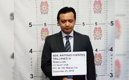 <p><strong>ARRESTED. </strong>Mugshot of Senator Antonio Trillanes IV after undergoing booking procedures at the Makati police station on Tuesday (Sept. 25, 2018). <em>(Photo courtesy: Makati City Police Headquarters Warrant Section & National Police Region Police Office PIO)</em></p>