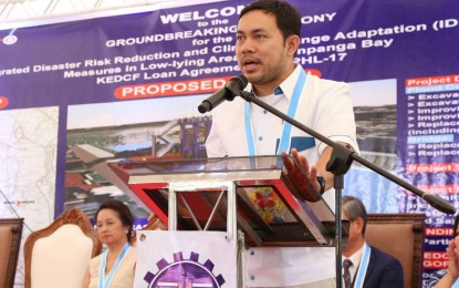 <p><strong>FLOOD MITIGATION.</strong> Department of Public Works and Highways Secretary Mark Villar delivers his message during the groundbreaking ceremony for the construction of the P6.15-billion flood mitigation project in Pampanga on Tuesday (October 9, 2018.) <em>(Photo Courtesy of DPWH Regional Office 3)</em></p>