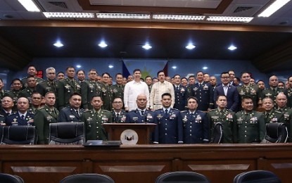 <p><strong>CONFIRMED. </strong>Newly-promoted Generals and Senior Officers with Senate President Vicente Sotto III and Senator Ralph Recto during the Commission on Appointments’ confirmation of promotions on Wednesday (Oct. 10, 2018) at the Senate of the Philippines in Pasay City. <em>(Photo courtesy: AFP Public Affairs Office)</em></p>