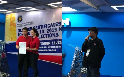 <p><strong>EARLY BIRDS. </strong>Re-electionist Senator Aquilino 'Koko' Pimentel III (left) and singer Freddie Aguilar (right) were the first ones to file their Certificate of Candidacy (COC) at the Commission on Elections (Comelec) main office in Manila on Thursday (Oct. 11, 2018). Accompanying Pimentel is his fiancee Kathryn Yu. <em>(PNA photos by Ferdinand Patinio)</em></p>