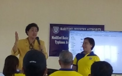 <p>Antique Governor Rhodora Cadiao (left) emphasizes the importance of having passenger vessels registered with the MARINA during the opening of the two-day seminar on Modified Basic Safety Training, Monday.<em> (Oct. 15, 2018)</em></p>