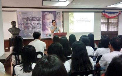 <p><strong>HISTORY AS A WAY OF LIFE.</strong> National Historical Commission of the Philippines (NHCP) Senior History Researcher Ian Christopher Alfonso (standing in podium) urges some 60 secondary education students of Cavite State University (CvSU) to "make history a way of life" during his lecture at the audio-visual room of the Museo ni Emilio Aguinaldo (MEA) on Saturday, Oct 13, 2018. The lecture was MEA’s offering to commemorate the 149th birth anniversary of the Philippines’ first de-facto Vice President General Mariano Closas Trias. <em>(Photo by Gladys S. Pino)</em></p>