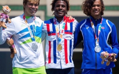 <p><strong>MEDALISTS.</strong> The medal winners in the kiteboarding competition at the Youth Olympic Games in Buenos Aires, Argentina on Sunday. From left: Toni Vodisek of Slovenia (silver), Deury Corniel of Dominican Republic (gold) and Christian Tio of Philippines. <em>(Photo courtesy: International Olympic Committee)</em></p>