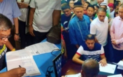 <p><strong>CANDIDATES.</strong> Autonomous Region in Muslim Mindanao Governor Mujiv Hataman (left) files his certificate of candidacy Tuesday (Oct. 16, 2018) as congressman for the lone district of Basilan province. On the same day, Freddie Mangudadatu (right) and Lester Sinsuat (inner left) affix their signatures on their COC for Maguindanao’s gubernatorial and vice gubernatorial posts, respectively in the upcoming 2019 polls, as Maguindanao Governor Esmael Mangudadatu (standing in pink shirt) looks on. <em>(Photo courtesy of BPI-ARMM and Dennis Arcon of DXMY Cotabato)</em></p>