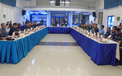<p><strong>SECURITY MEETING. </strong> The joint security meeting of the police and military in Eastern Visayas for the 2019 elections held at the police regional office in Palo, Leyte on Tuesday (October 23, 2018).  <em>(Photo by Roel Amazona) </em></p>