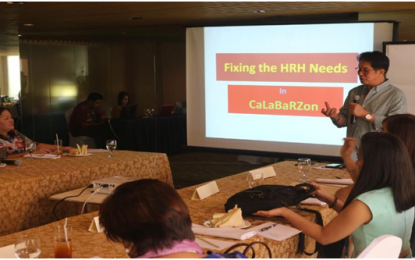 <p><strong>STOP GAP MEASURES.</strong> Department of Health Calabarzon Regional Director Dr. Eduardo C. Janairo presents stop gap measures in resolving the shortage of health services sector workers in the Calabarzon (Cavite, Laguna, Batangas, Rizal, Quezon) Region to various health partners during the "Collaborative Meeting with Development Partners” at Midas Hotel in Pasay City on October 18-19, 2018.<em> (Photo courtesy of DOH-MCRU)</em></p>