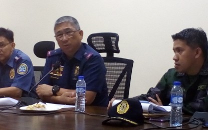 <p>Chief Supt. John Bulalacao (center), director of Police Regional Office-Western Visayas, with Senior Supt. Rodolfo Castil Jr., police provincial director (left), and Chief Insp. Robert Mansueto, head of Sagay City Police Station, announces the filing of the multiple murder case against the suspects in the Sagay 9 massacre in a press conference held at the headquarters of the Negros Occidental Police Provincial Office in Bacolod City Saturday afternoon. <em>(Photo by Nanette L. Guadalquiver)</em></p>