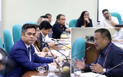 <p><strong>PCOO 2019 BUDGET</strong>. Senator Joseph Victor Ejercito (inset) presides over the deliberations on the proposed FY 2019 budget of the Presidential Communications Operations Office (PCOO) and its attached agencies headed by Secretary Jose Ruperto Martin Marfori Andanar (left) during the budget hearing at the Senate in Pasay City on Monday (Nov. 12, 2018).<em> (PNA photo by Avito C. Dalan)</em></p>