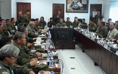 <p>Armed Forces of the Philippines (AFP) chief General Carlito Galvez holds a command conference with ground commanders under the Eastern Mindanao Command (Eastmincom) at the Naval Felix Apolinario Station in Panacan, Davao City on Tuesday. <em><strong>PNA Photo by Lilian C Mellejor</strong></em></p>
