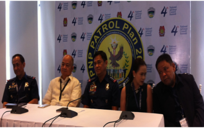 <p><strong>NO TO BULLYING OF COPS</strong>. PNP-Calabarzon Director, Chief Supt. Edward Carranza (far right), appeals to the public not to bully policemen who are just performing their duties during a press conference following the opening ceremony of the four-day 4th National Advisory Council Summit 2018 at the Monochrome Events Place in Nuvali, Sta. Rosa City, Laguna on Nov. 15, 2018. <em>(Photo by Saul E. Pa-a)</em></p>