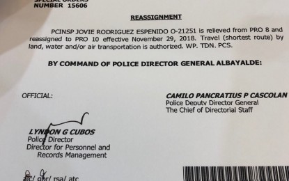 <p>The reassignment order of Chief Insp. Jovie Espenido<em> (Photo courtesy of PCO-INT)</em></p>