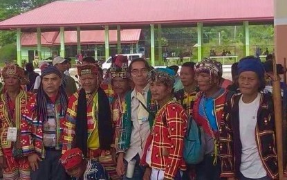 <p>The Council of Elders of Talaingod led by Datu Guibang Apoga (third from left) holds a rally in front of the Talaingod Police Station in Talaingod, Davao del Norte on Saturday. (<em><strong>Photo courtesy of PRO-11)</strong></em></p>