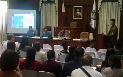 <p><strong>INSURGENCY FREE.</strong> The Philippine Army briefs members of the Ilocos Norte peace and order council on the peace and order situation in the province, during the fourth quarter joint Provincial Peace and Order Council and Provincial Anti-Drug Abuse Council meeting held at the Capitol Session Hall on Dec. 7, 2018. <em>(Photo by Leilanie Adriano)</em></p>