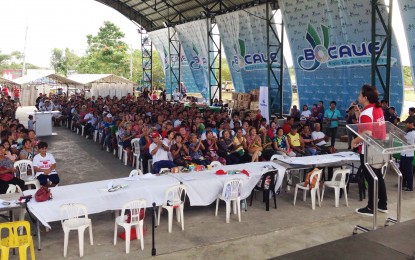<div><strong>BOCAUE CITIZEN'S ID.</strong> Bocaue Mayor Joni Villanueva-Tugna delivers her message to her constituents who comprised the first batch of recipients of the citizen's ID during the distribution on Dec. 18, 2018. <em>(Photo by Manny Balbin) </em>  </div>
<div> </div>