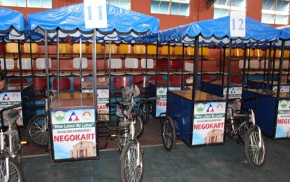 <p><strong>LIVELIHOOD AID.</strong> The "negokarts" or livelihood carts distributed by the Department of Labor and Employment (DOLE), in partnership with the local government unit of Lubao in Pampanga to selected beneficiaries on Wednesday, Dec. 19, 2018. <em>(Photo courtesy of the Office of the Municipal Government of Lubao)</em></p>