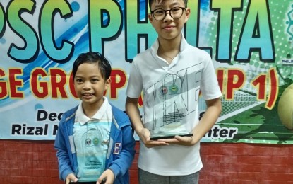 <p>FIRST TITLE. Lucas Sebastian Go of Xavier School  (right) wins the 8 and under unisex title over Sergius Immanuel  Canque in the PSC-PHILTA Age Group Championships at the Rizal Memorial Tennis Center on Sunday (Dec. 23, 2018). <em>(Photo by Jean Malanum) </em></p>